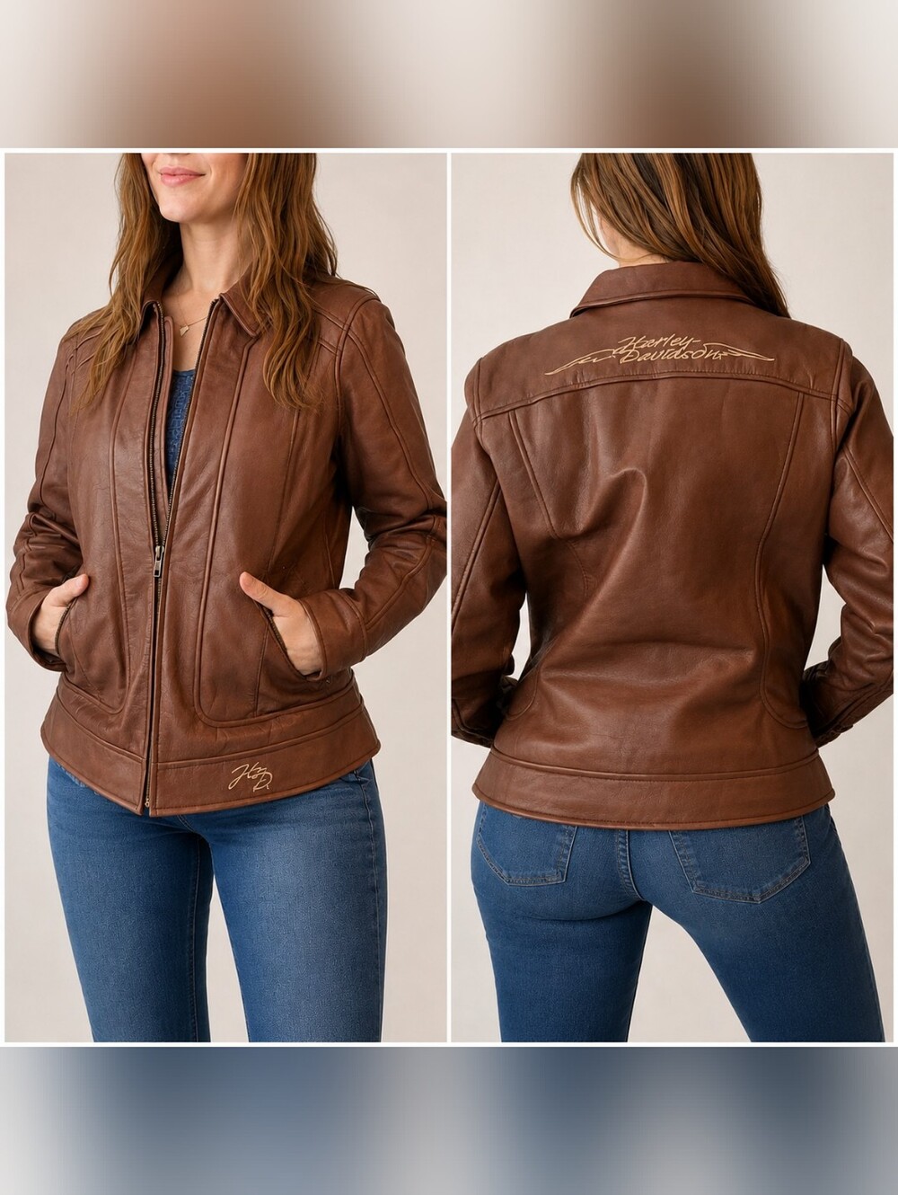 Harley Davidson Brown Leather Jacket Women’s XL Embroidered Back Moto Biker